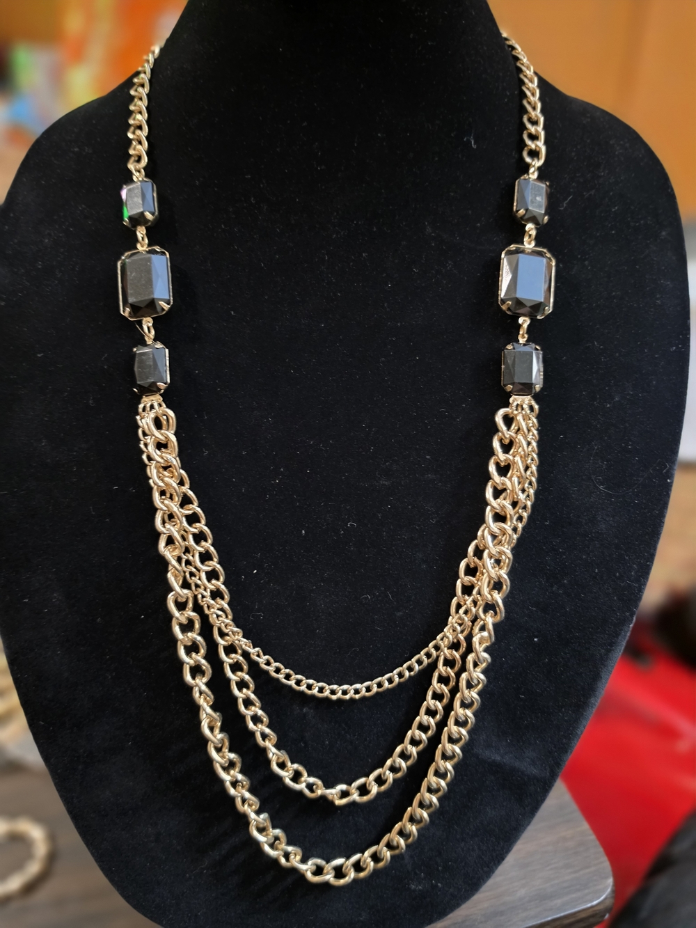 Source Unknown Gold Multi-Strand Necklace with Black Stones